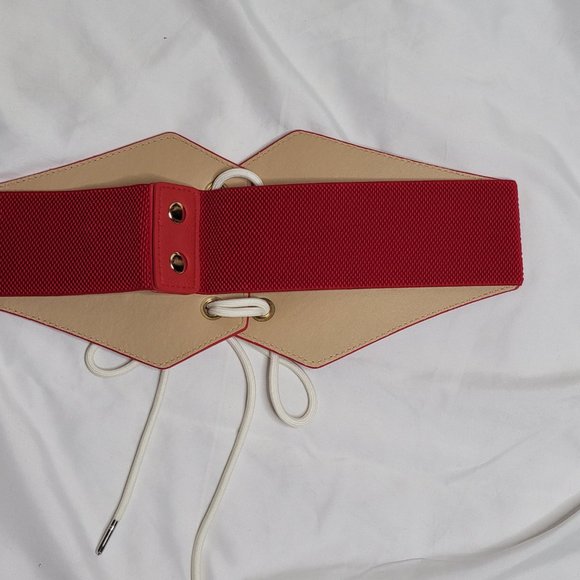 Women's LCF Steampunk Red and White Lace-up Elastic Waistband Corset Belt - Picture 17 of 17